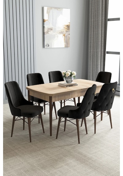 Zümra Serisi, Meşe Desen 80x132 Açılabilir Mdf Mutfak Masası Takımı 6 Adet Sandalye, Siyah Zümra Serisi, Meşe Desen 80x132 Açılabilir Mdf Mutfak Masası Takımı 6 Adet Sandalye, Siyah
