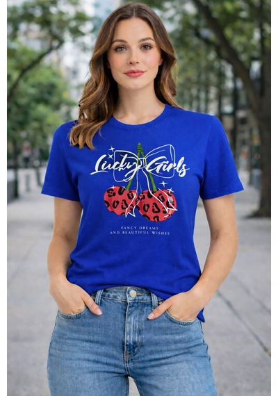 Herkesemoda Luck Girls Baskı Detaylı Basic T-shırt Mavi
