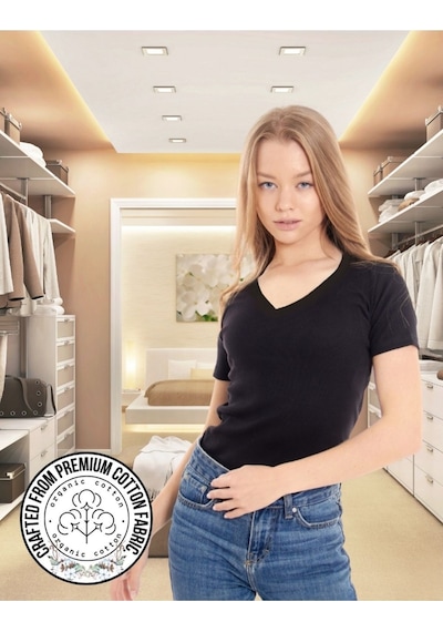 Alya Underwear V Yaka Kaşkorse Kumaşlı Kısa Kollu Bluz, Esnek Ve Pamuklu Kumaş Badi, Bej Kemik Body Siyah