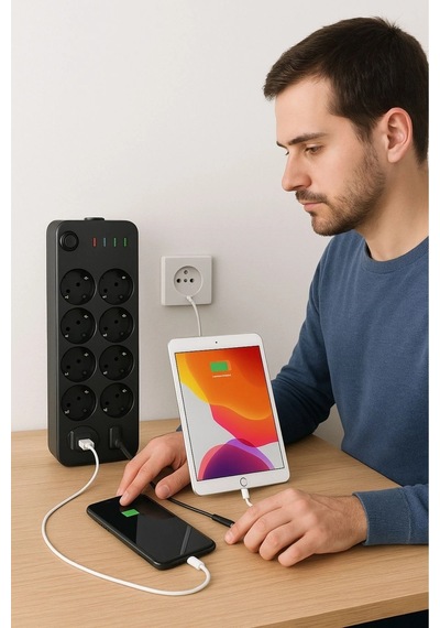 Durukar Akım Korumalı Termal Uzatma Kablosu 10 Priz, 2 Usb Ve 2 Type-c Girişli, Güçlü Çoklu Priz Standart