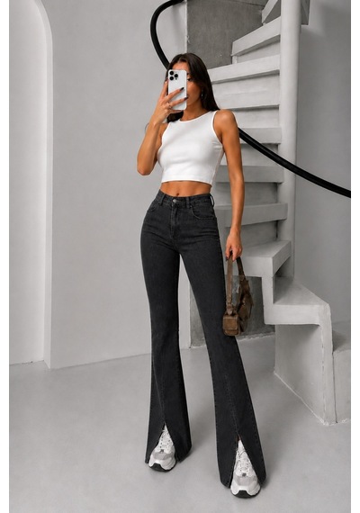 Bluemarlin Likralı Esnek Paça Yırtmaçlı İspanyol/flare Denim Pantolon Siyah