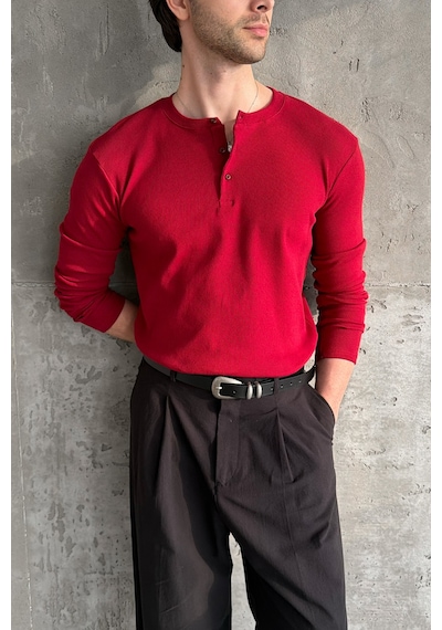 Erkek Henley Yaka Düğmeli Penye Bluz Kırmızı