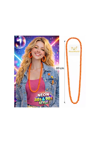 Neon Turuncu Boncuk Kolye 80 Cm Retro 80 Ler 90 Lar Parti Aksesuarı Çocuk