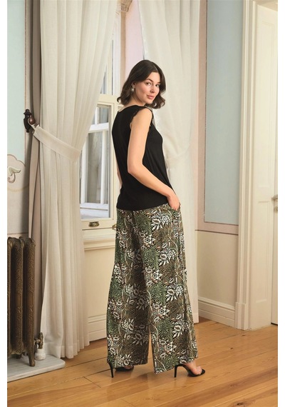 Mega Fair Çiçek Yaprak Ve Etnik Desenli Dantelli 3'lü Pijama Takımı Siyah