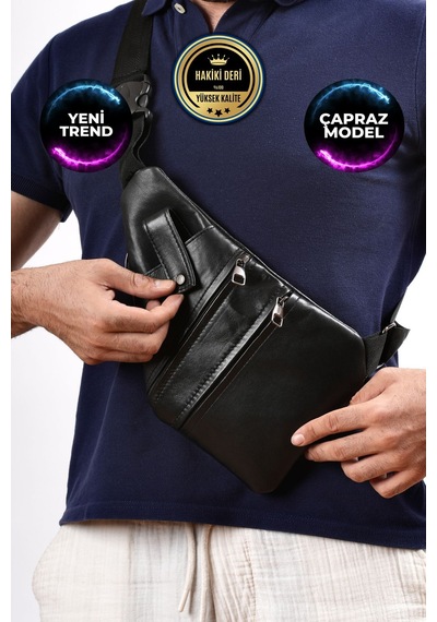 Unisex Siyah Hakiki Deri Çapraz Göğüs Çantası Ultra Kullanışlı Siyah