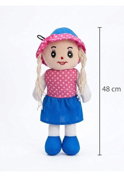 Fatma Bebek 48cm Büyük Puantiye Desenli Elbiseli Ve Şapkalı El Yapımı Oyuncak Bez Bebek Mavi