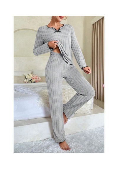 Fantezia Night Kadın Gri Çizgili Uzun Kollu Fiyonk Detaylı Pijama Takımı Rahat Mevsimlik