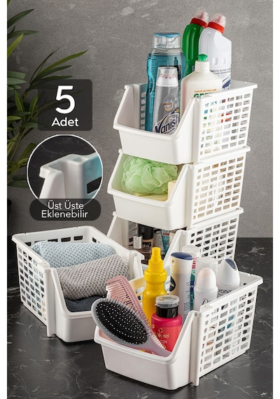 5'li Üst Üste Eklenebilir Dolap İçi Düzenleyici Banyo Mutfak Rafı - Çok Amaçlı Tezgah Altı Organizer Beyaz