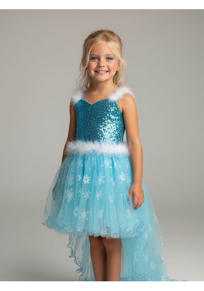 Zekids Kız Çocuk Önü Kısa Arkası Uzun Frozen Abiye Elbise-17118 Mavi