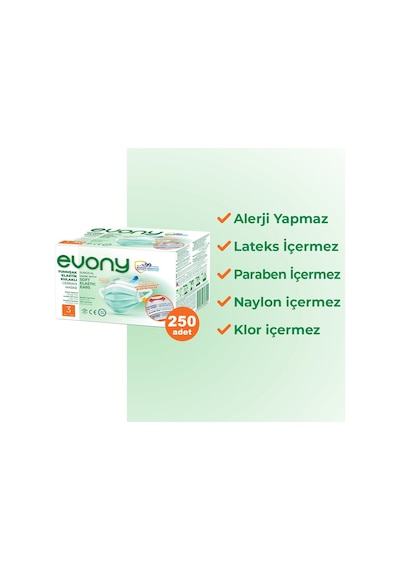 Evony Elastik Kulaklı 3 Katlı Cerrahi Maske 250 Adet