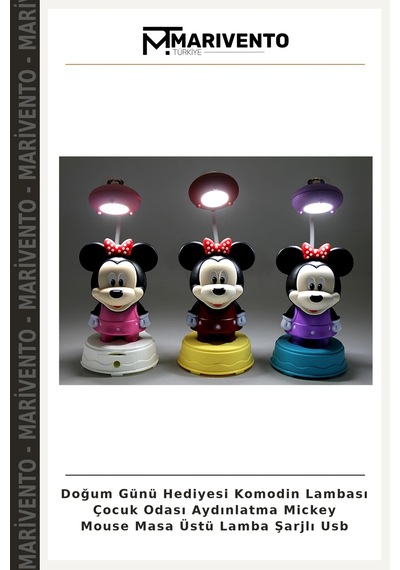 Doğum Günü Hediyesi Komodin Lambası Çocuk Odası Aydınlatma Mickey Mouse Masa Üstü Lamba Şarjlı Usb Çok Renkli