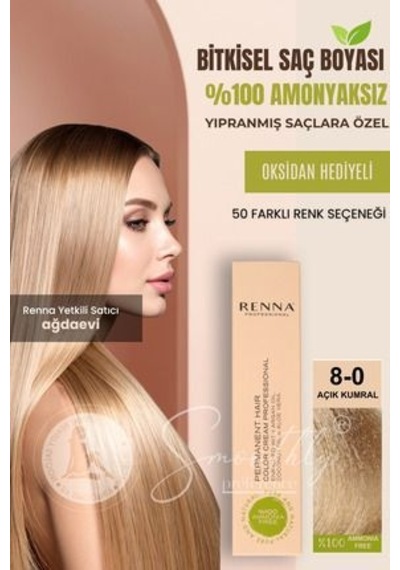 Renna Amonyaksız Bitkisel Yıpranmış Saçlar İçin Saç Boyası 8-0 Açık Kumral 60ml