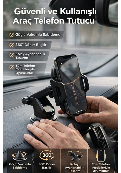 360 Dönebilen Araç Telefon Tutucu - Çift Montajlı Ön Cam + Torpido Tüm Telefonlara Uyumlu Siyah