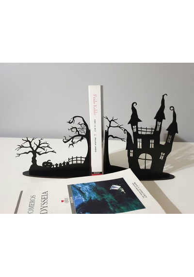 Ahşap Korku Evi Figürlü Dekoratif Kitap Tutucu Siyah