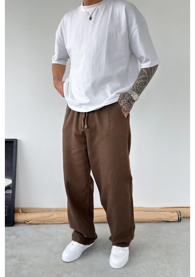 Kahverengi Basic Gabardin Baggy Pantolon
