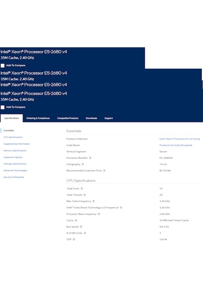 Intel Xeon 14 Core Cpu E5-2680v4 2.4ghz 35mb Smart Cache 9.6 Gt/s Qpi Tdp 120w