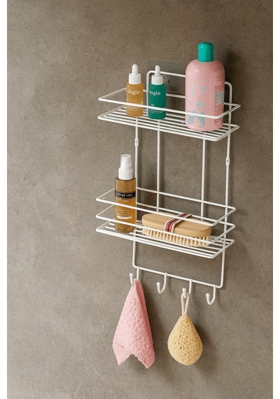 Sas Haus 2 Katlı Beyaz Kancalı Banyo Duş Rafı, Şampuanlık, Lif/kese Askılı, Paslanmaz Metal, Banyo Düzenleyici - Tş-02 Beyaz