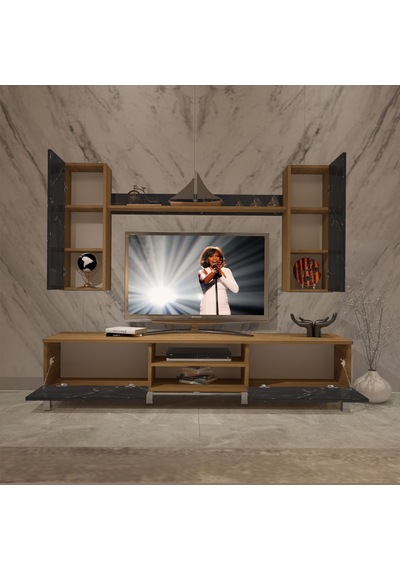 Decoraktiv Eko 7 Mdf Dvd Krom Ayaklı Tv Ünitesi Tv Sehpası Pera - Siyah Mermer