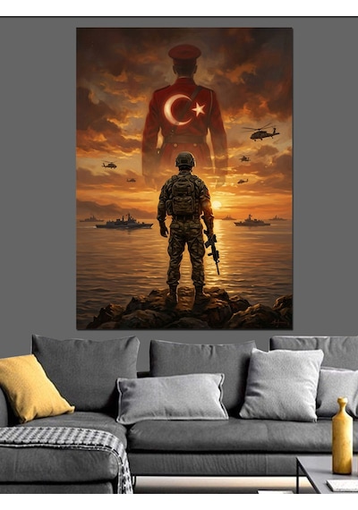 Türk Bayrağı Önünde Nöbetçi Mehmetçik Dekoratif Kanvas - Mdf Ahşap Tablo
