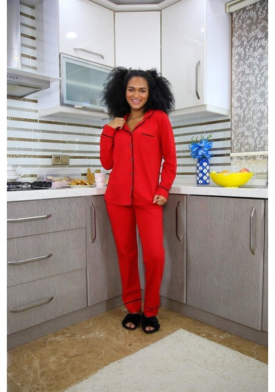 Akbeniz Kadın Pijama Takımı  + Yılbaşı Özel Kalp Kutulu Slip 2'li Set 20244-kırmızı Kırmızı