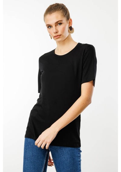 Kadın Sıfır Yaka Basic Penye T-shirt Siyah SIYAH