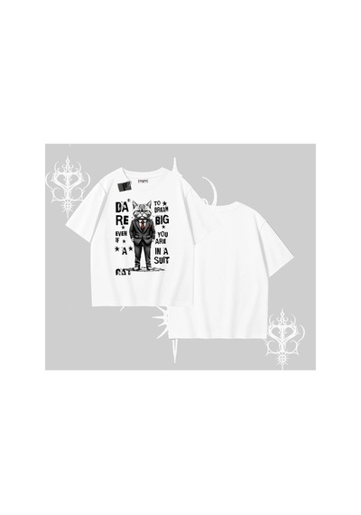 Tarzsokak Dream Big Yazılı Takım Elbiseli Kedi Baskılı Oversize Tshirt Beyaz