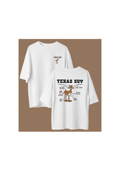Qmen Style Unisex Beyaz Oversize Baskılı T-shirt Texsas Suv %100 Pamuk