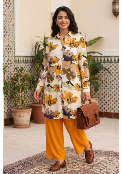 Polologin Butik Hardal Ve Haki Çiçek Desenli Kadın Gömlek Tunik Sarı