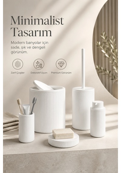 Modern Tasarımlı 5 Parça Banyo Aksesuar Seti Beyaz Renk Sabunluk Ve Fırçalık Dahil