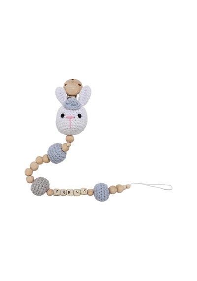 Bebegen Erkek Bebek Amigurumi Beyaz Mavi Tavşanlı Organik Ahşap Boncuklu İsimli İsme Özel Emzik Askısı Çok Renkli