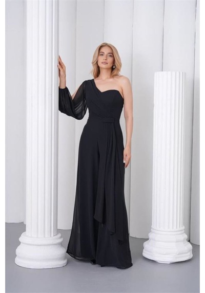 Neşeli Butik Kadın Siyah Tek Kol Astarlı Tül Kumaş Tasarım Abiye Tulum Nbs9389