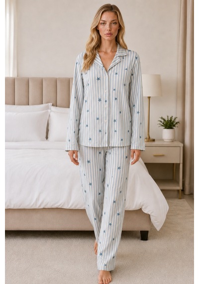 Womanandkids Mavi Kadın Casual Esnek Bol Pijama Takımı 4671