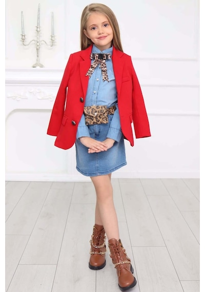Riccotarz Kız Çocuk Leopar Desenli Fiyonk Detaylı Kot Gömlek Kırmızı Blazer Ceket Etekli Takım 001 Riccotarz Kız Çocuk Leopar Desenli Fiyonk Detaylı Kot Gömlek Kırmızı Blazer Ceket Etekli Takım 001