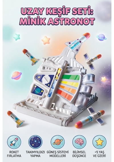 Clemento-ni Lisanslı Minik Astronot Roketli Ve Rampalı 15 Parça Uzay Çıkartmalı Eğitici Oyuncak Set