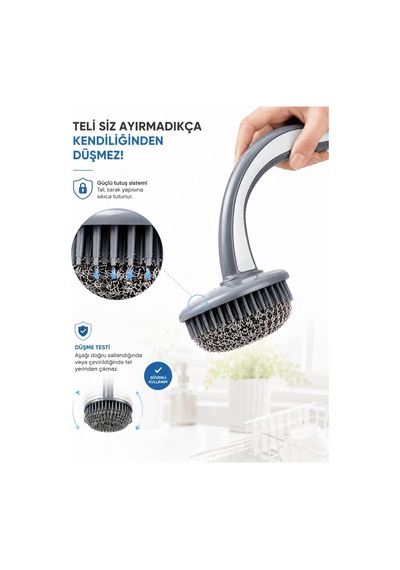 20gr Tutma Saplı Bulaşık Teli Ergonomik Dayanıklı Güvenli Paslanmaz Lüks Bulaşık Ovma Fırçası Yağ Kir Pas Sökücü Fırın Ocak Lavabo Sürtme Zor Kir Bezi Temizlik Seti