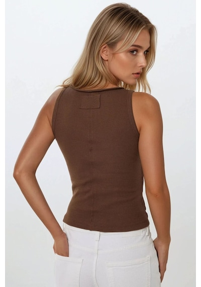 Hiccup V Yaka Ters Dikiş Detaylı Kolsuz Slim Fit Örme Üst Kahverengi