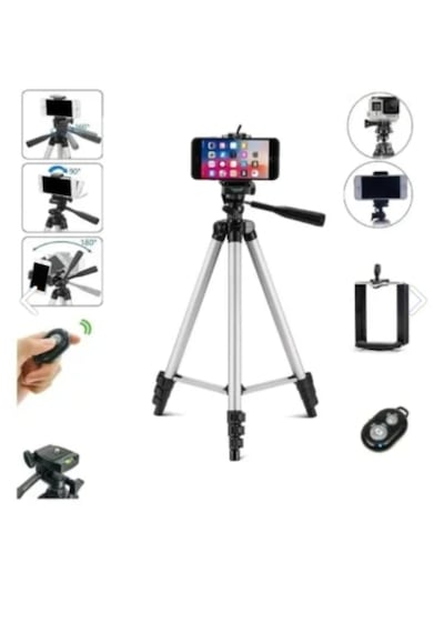 Tripod Profesyonel Fotoğraf Video Çekimi Kumandalı Telefon Tutucu Işıklı Ledli Gri