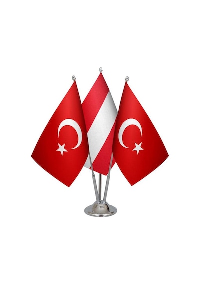 Masa Üstü Avusturya Bayrağı Türk Bayrağı Üçlü Krom Direk Masa Bay