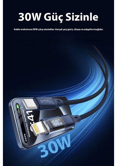 30w Pd Type-c To Apple Uyumlu iPhone Lightning Dijital Watt Göstergeli Hızlı Şarj Kablosu 1 Metre Siyah Mt2156