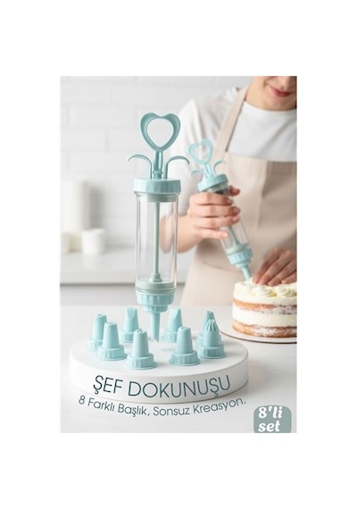 Zenvac Profesyonel 8'li Başlıklı Pasta Krema Süsleme Pompası Seti Enjektör Uçlu 722555 Zenvac29 Renkli