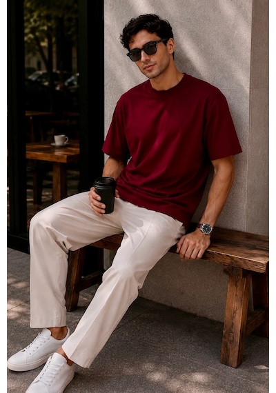 Bbbutikbasic Erkek Oversize Basic Bisiklet Yaka Pamuklu Tişört My3535 Bordo