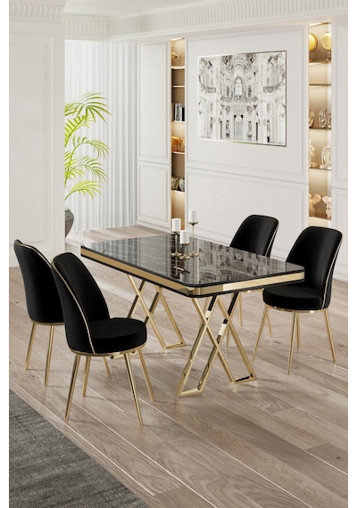 Canisa Vals Serisi 80x130 Lak Panel Siyah Mermer Desen Masa Takımı Gold Ayaklı 4 Siyah Sandalye Masa Siyah Mermer Desen Sandalye Siyah Canisa Vals Serisi 80x130 Lak Panel Siyah Mermer Desen Masa Takımı Gold Ayaklı 4 Siyah Sandalye Masa Siyah Mermer Desen Sandalye Siyah