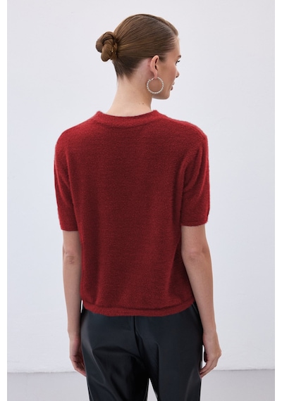 Sateen Sakallı Kısa Kol Triko - Bordo-136537
