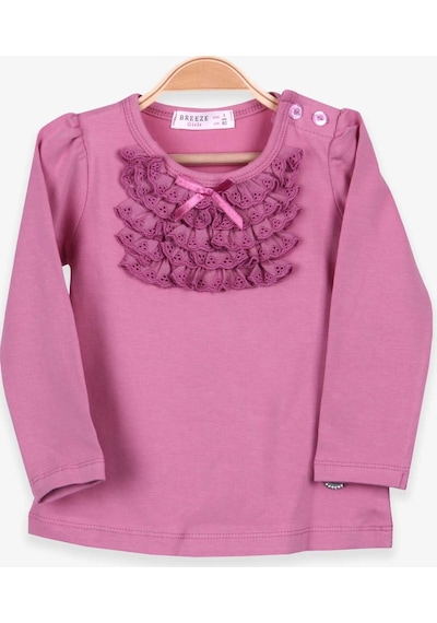 Breeze Kız Çocuk Uzun Kollu Tişört Güpürlü Fiyonklu 6 Ay-8 Yaş, Mürdüm-mürdüm Mürdüm