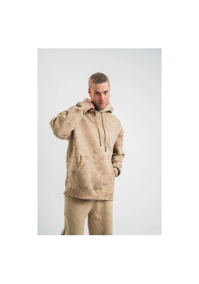 Erkek 3 İplik Pamuklu Oversize Kapüşonlu Yıkamalı Hoodie Sweatshirt - Bej