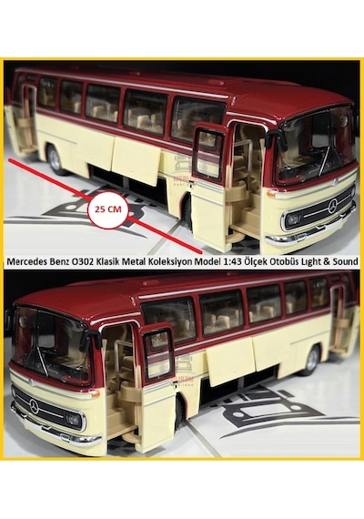 1:24 Ölçek 25 Cm Mercedes-benz O302 Sesli Işıklı Metal Model Otobüs Bordo