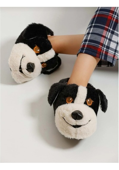 Papucumun Dünyası Unisex Yumuşak Taban Sevimli Köpek Panduf Yetişkin Ve Çocuk Kız Ve Erkek Panduf Siyah