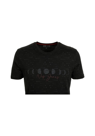 Erkek Siyah Slim Fit Baskılı Bisiklet Yaka %100 Pamuk T-shirt Jeans 1931-siyah Siyah