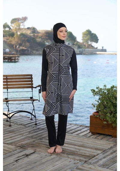 Estiva 25946 Siyah Fermuarlı Geometrik Desenli Tam Boy Tesettür Mayo Siyah