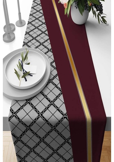 Bordo Ekoseli Desen Premium Masa Örtüsü Runner Rnr600n11
